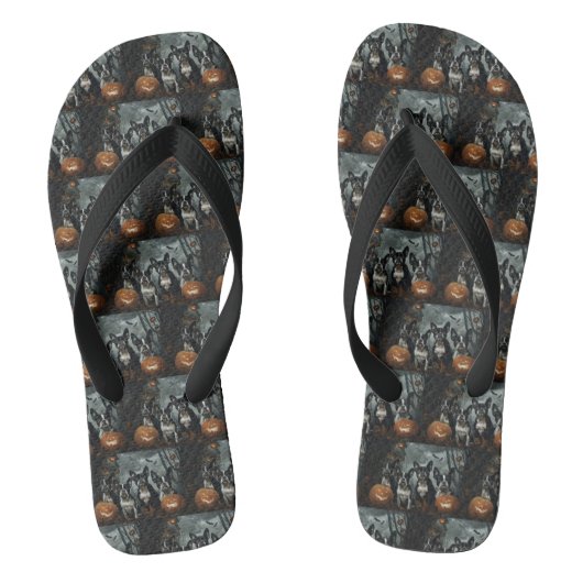 Boston Terrier Halloween Nacht Doggy Delight Teenslippers (Voetbed)