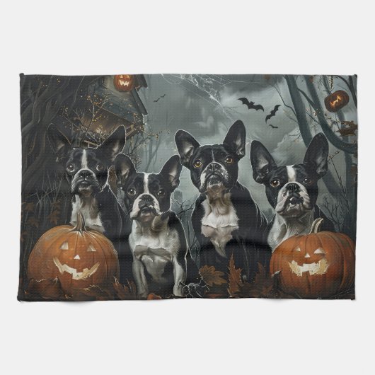Boston Terrier Halloween Nacht Doggy Delight Theedoek (Horizontaal)