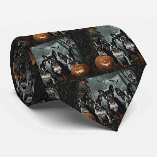 Boston Terrier Halloween Nacht Hond Delight Stropdas (Opgerold)