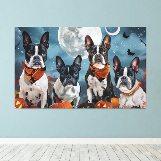 Boston Terriër Halloween Spooky Canvas Afdruk (Insitu (Houten vloer))