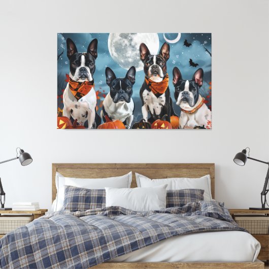 Boston Terriër Halloween Spooky Canvas Afdruk (Insitu (Slaapkamer))