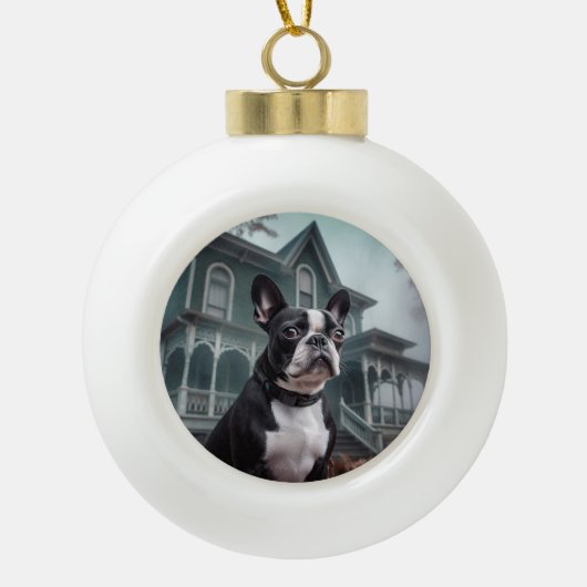 Boston Terrier Halloween Verschrikkelijk Keramische Bal Ornament (Voorkant)