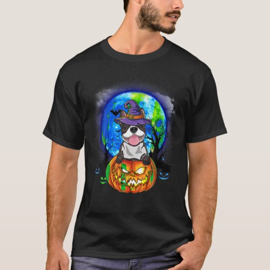 Boston Terrier Heks Maan Pompoen Scary Halloween T-shirt (Voorkant)