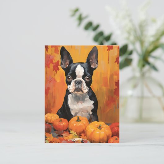 Boston Terrier Herfst Thanksgiving  Briefkaart (Staand voorkant)