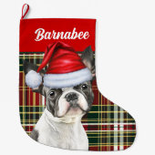 Boston Terrier Holiday Plaid en Honden Naam Grote Kerstsok (Voorkant)