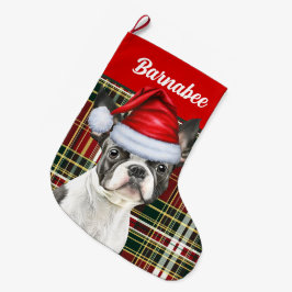 Boston Terrier Holiday Plaid en Honden Naam Grote Kerstsok