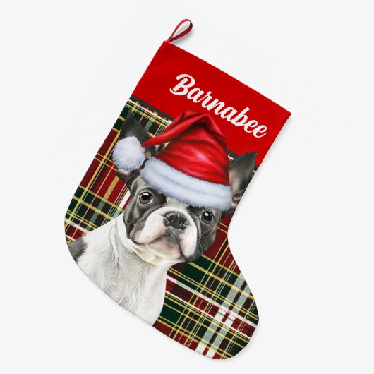 Boston Terrier Holiday Plaid en Honden Naam Grote Kerstsok (Voorkant (Hangend))