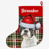 Boston Terrier Holiday Plaid en Honden Naam Grote Kerstsok (Achterkant)