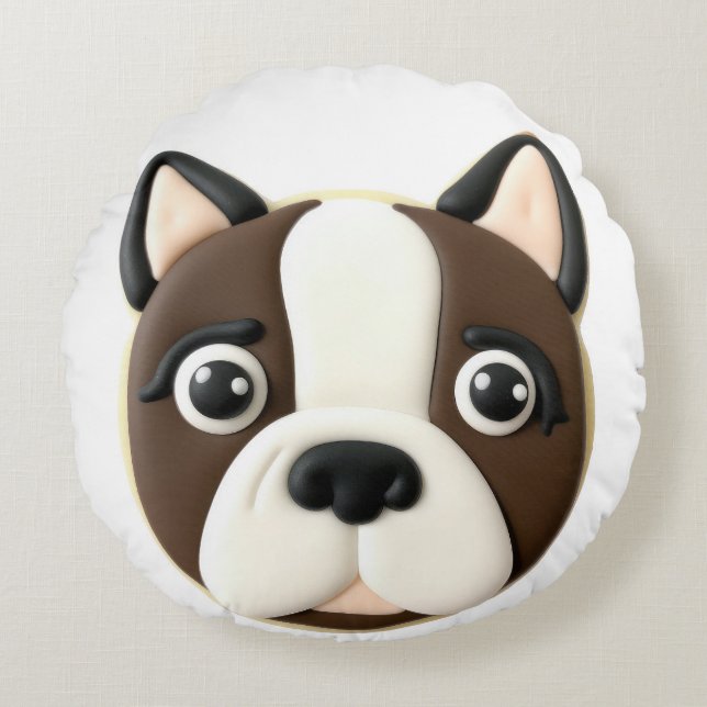 Boston Terrier Hond 3D Geïnspireerd Rond Kussen (Voorkant)