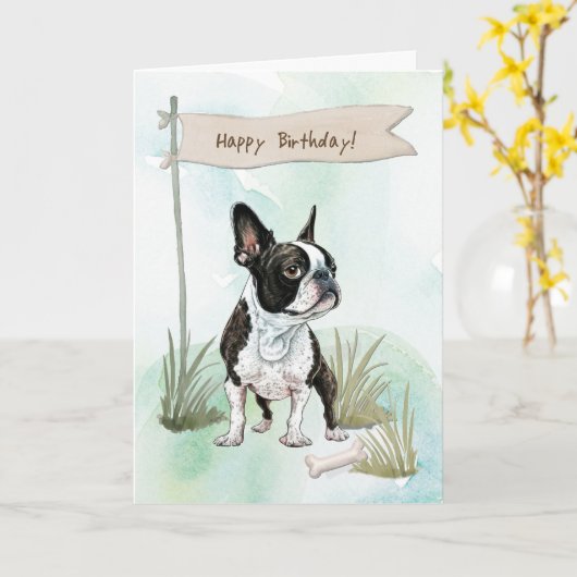 Boston Terrier hond buiten onder verjaardagsbord Kaart (Gele Bloem)