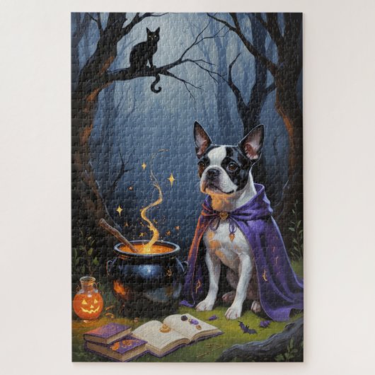 Boston Terrier hond grillige Halloween schilderij Legpuzzel (Verticaal)