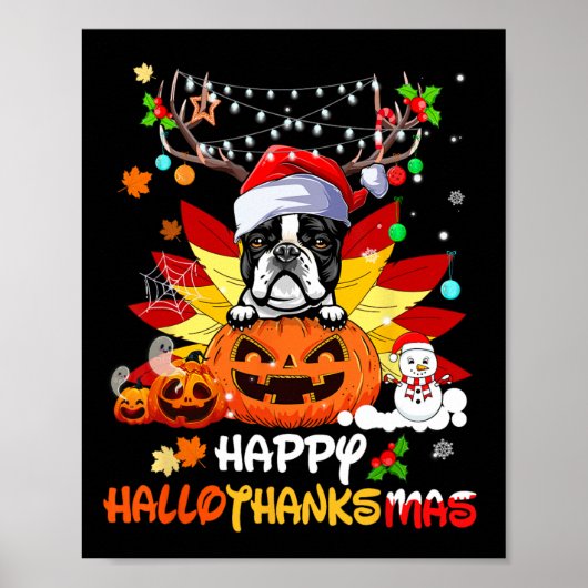 Boston Terriër Hond Halloween En Vrolijk Kerstfees Poster (Voorkant)