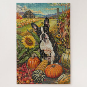 Boston Terrier Hond Herfst Oogst Thanksgiving Legpuzzel