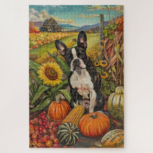 Boston Terrier Hond Herfst Oogst Thanksgiving Legpuzzel (Verticaal)