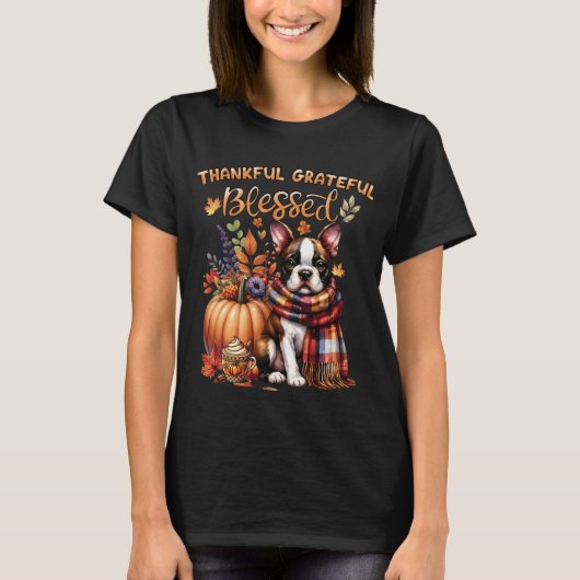 Boston Terrier Hond Herfst Val Pompoen T-shirt (Voorkant)