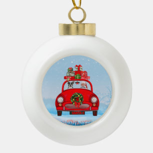 Boston Terrier-hond in auto met kerstman Keramische Bal Ornament
