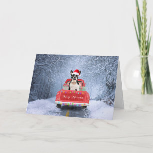 Boston Terrier-hond in de sneeuw zittend op Kerstm Kaart