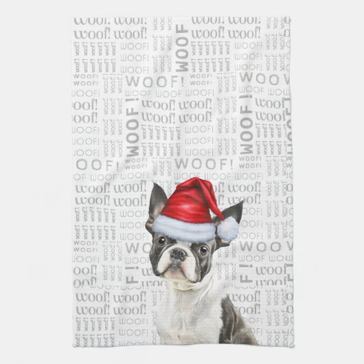 Boston Terrier hond in een kerstboom Theedoek (Verticaal)