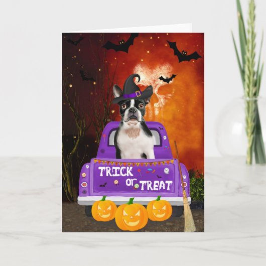 Boston Terrier Hond in Halloween Truck Kaart (Voorkant)