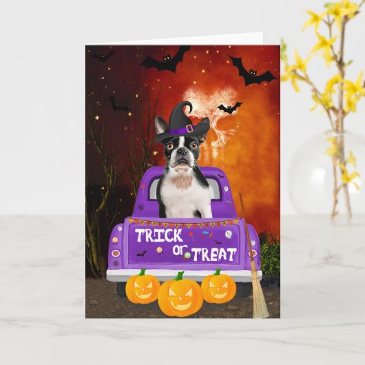 Boston Terrier Hond in Halloween Truck Kaart (Gele Bloem)