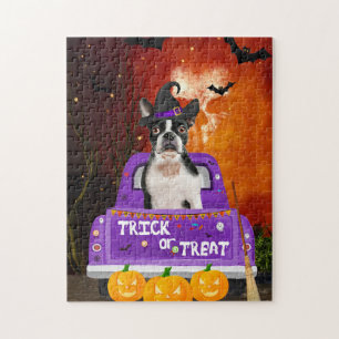 Boston Terrier Hond in Halloween Truck Legpuzzel