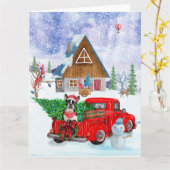 Boston Terrier hond in Kerstbezorgtruck Kaart (Gele Bloem)