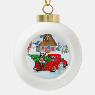Boston Terrier hond in Kerstbezorgwagen Keramische Bal Ornament