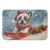 Boston Terrier Hond in Sledge Laat het Sneeuw Kers Badmat (Voorkant)