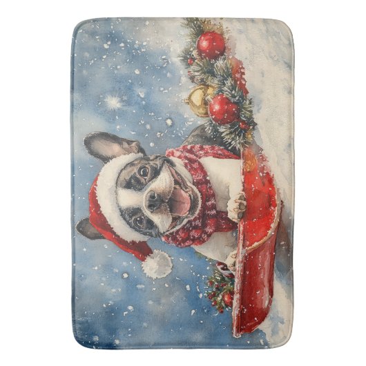 Boston Terrier Hond in Sledge Laat het Sneeuw Kers Badmat (Voorkant Verticaal)