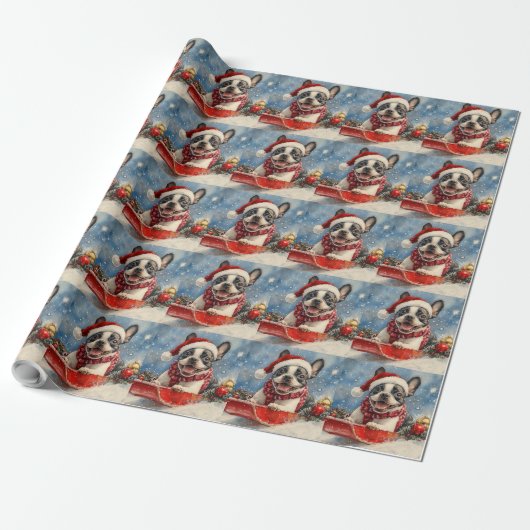 Boston Terrier Hond in Sledge Laat het Sneeuw Kers Cadeaupapier (Uitgerold)