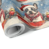 Boston Terrier Hond in Sledge Laat het Sneeuw Kers Cadeaupapier (Rol Hoek)