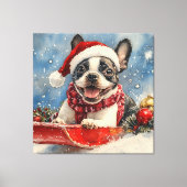 Boston Terrier Hond in Sledge Laat het Sneeuw Kers Canvas Afdruk (Voorkant)