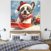 Boston Terrier Hond in Sledge Laat het Sneeuw Kers Canvas Afdruk (Insitu (Slaapkamer))