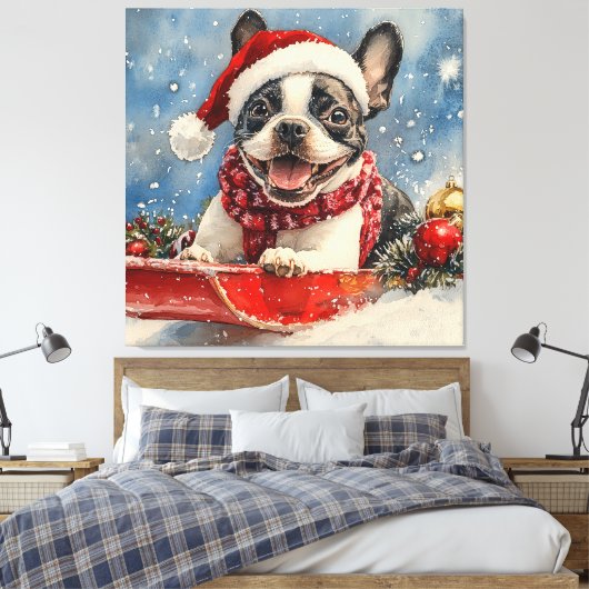 Boston Terrier Hond in Sledge Laat het Sneeuw Kers Canvas Afdruk (Insitu (Slaapkamer))