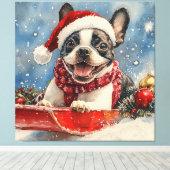 Boston Terrier Hond in Sledge Laat het Sneeuw Kers Canvas Afdruk (Insitu (Houten vloer))
