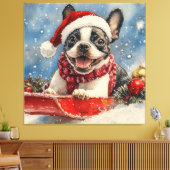 Boston Terrier Hond in Sledge Laat het Sneeuw Kers Canvas Afdruk (Insitu (Woonkamer))