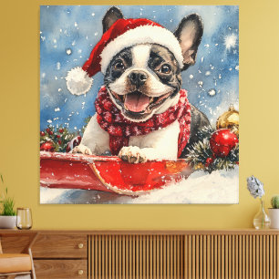 Boston Terrier Hond in Sledge Laat het Sneeuw Kers Canvas Afdruk