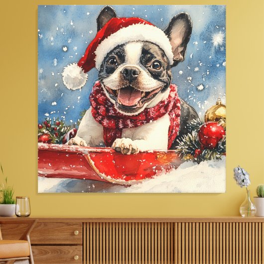 Boston Terrier Hond in Sledge Laat het Sneeuw Kers Canvas Afdruk (Insitu (Woonkamer))