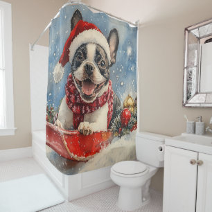 Boston Terrier Hond in Sledge Laat het Sneeuw Kers Douchegordijn