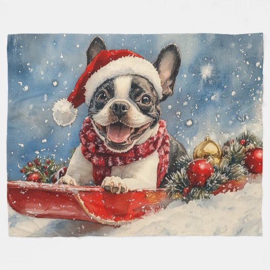 Boston Terrier Hond in Sledge Laat het Sneeuw Kers Fleece Deken (Voorkant (Horizontaal))