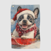 Boston Terrier Hond in Sledge Laat het Sneeuw Kers Golfhanddoek (Voorkant)