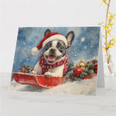 Boston Terrier Hond in Sledge Laat het Sneeuw Kers Kaart (Gele Bloem)