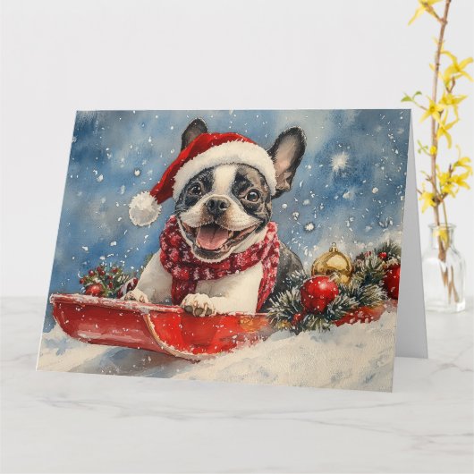 Boston Terrier Hond in Sledge Laat het Sneeuw Kers Kaart (Gele Bloem)