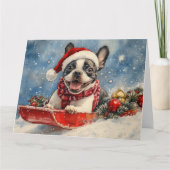 Boston Terrier Hond in Sledge Laat het Sneeuw Kers Kaart (Voorkant)