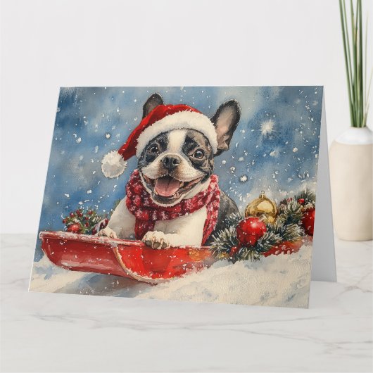 Boston Terrier Hond in Sledge Laat het Sneeuw Kers Kaart (Voorkant)