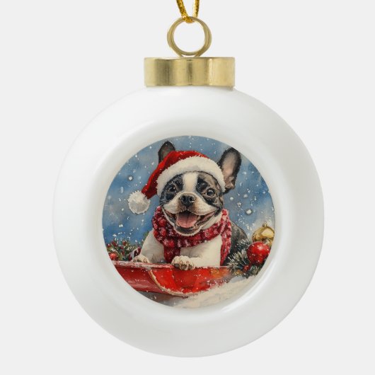 Boston Terrier Hond in Sledge Laat het Sneeuw Kers Keramische Bal Ornament (Voorkant)