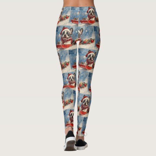 Boston Terrier Hond in Sledge Laat het Sneeuw Kers Leggings (Achterkant)