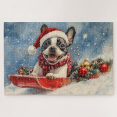 Boston Terrier Hond in Sledge Laat het Sneeuw Kers Legpuzzel (Horizontaal)