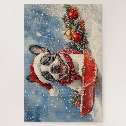 Boston Terrier Hond in Sledge Laat het Sneeuw Kers Legpuzzel (Verticaal)