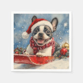 Boston Terrier Hond in Sledge Laat het Sneeuw Kers Servet (Voorkant)